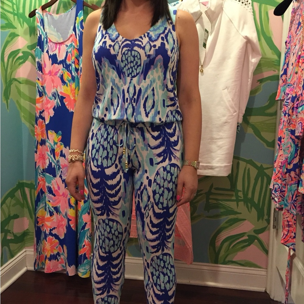 Lilly Pulitzer Blue Pineapple Print Jumpsuit | Sleeveless V-Neck Tropical Resort - Picture 3 of 4